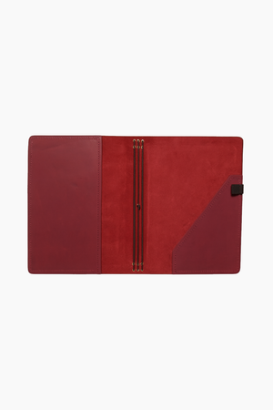 Merlot Burgundy A5 Bifold Leather Folio, Flatlay