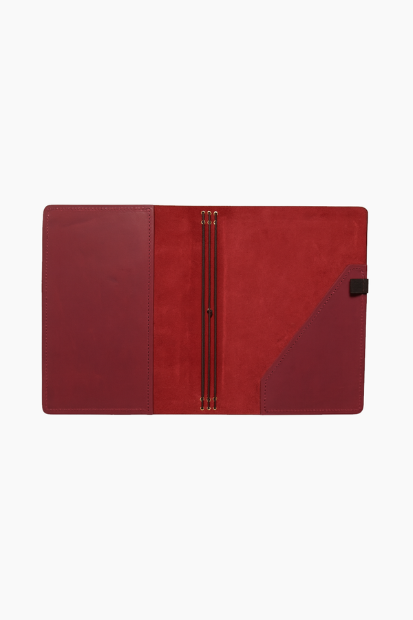 Merlot Burgundy A5 Bifold Leather Folio, Flatlay